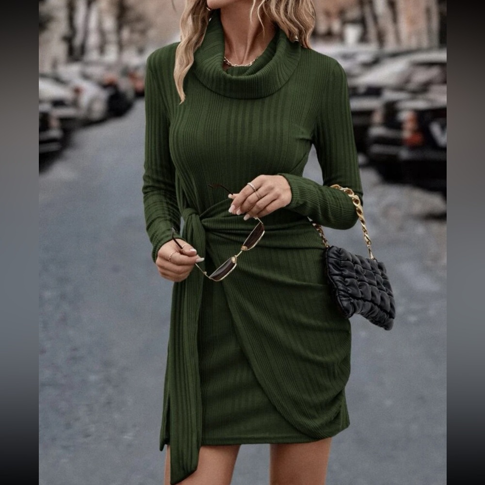 Classic Long Sleeve Cowl Neck Knot Side Wrap Hem Ribbed Dress - Picture 12 of 16